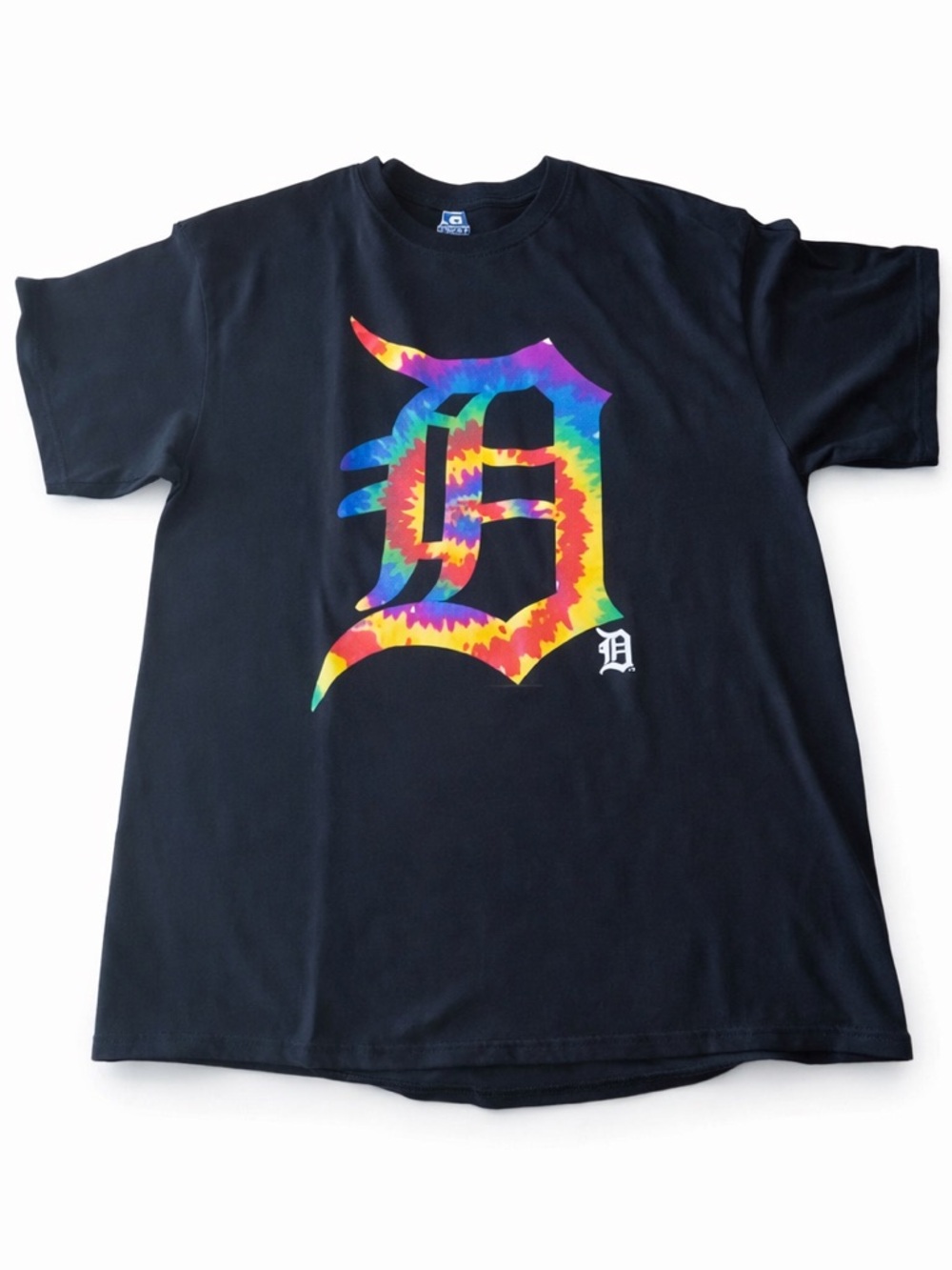 Detroit Tigers Tie Dye Black Graphic Tee Rainbow Logo MLB Streetwear Men L
